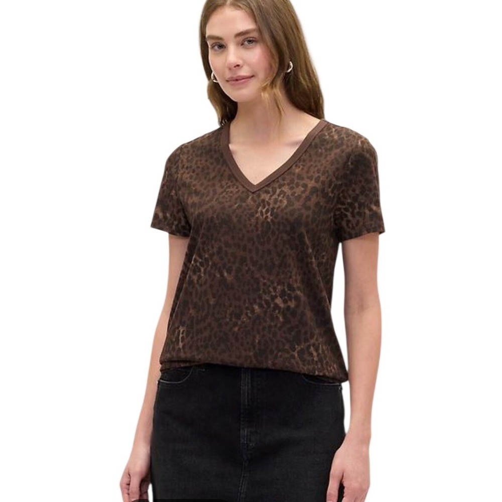 Gap Favorite Tee Womens Large Brown Cheetah Animal Print V-Neck Cotton T-Shirt